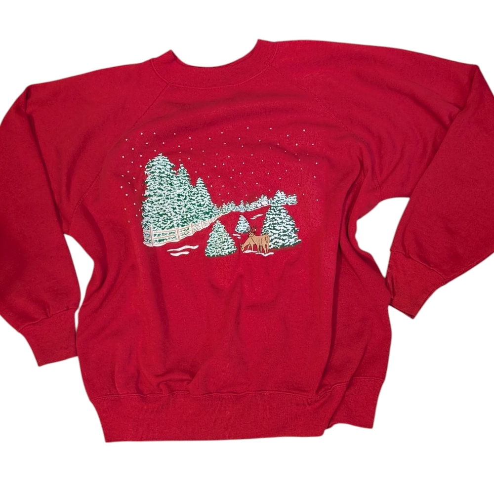 Vintage 90s Holiday Christmas Tree Red‎ Sweatshirt  Size XL Deer Nature